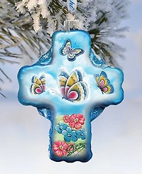G.DeBrekht Blue Butterflies Cross Glass Ornament
