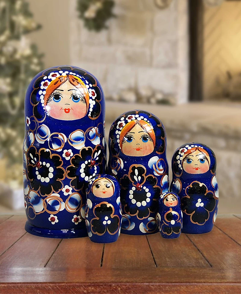 G.DeBrekht Blue Floral 5 Piece Russian Matryoshka Nested Doll Set