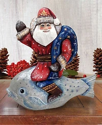 G.DeBrekht Woodcarved Hand Painted Silver Treasure Fish Santa Figurine