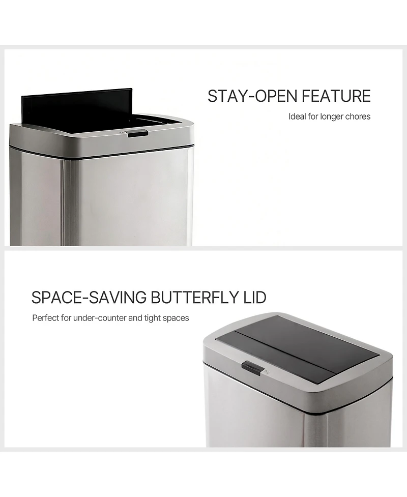Mega Casa 50L / 13 Gallon Butterfly Lid Stainless Steel Touchless Sensor Trash Can with Silent Close for Kitchen