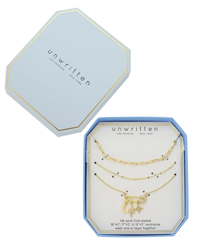 Unwritten Cubic Zirconia Safety Pin Celestial Pendant Trio Necklace Set
