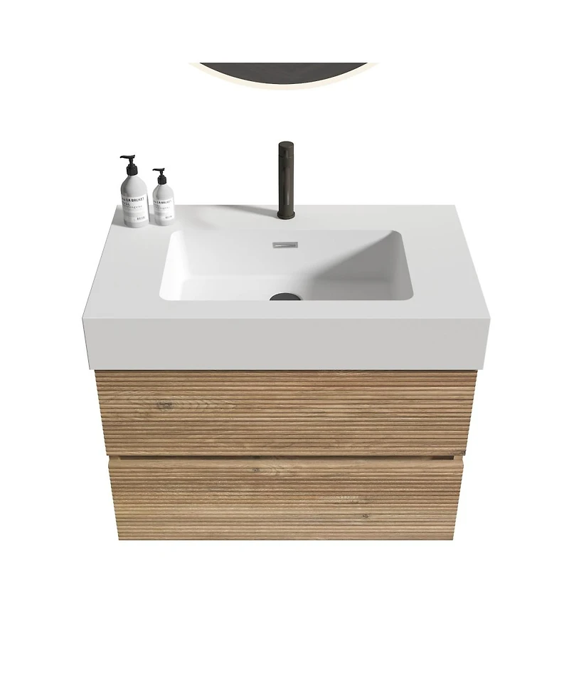 Sillysis Mid-Century Modern Bathroom Vanity with Oak Grille Double Drawers