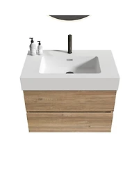 Sillysis Mid-Century Modern Bathroom Vanity with Oak Grille Double Drawers