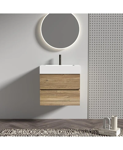 Sillysis Mid-Century Modern Bathroom Vanity with Oak Grille Double Drawers