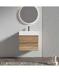 Sillysis Mid-Century Modern Bathroom Vanity with Oak Grille Double Drawers