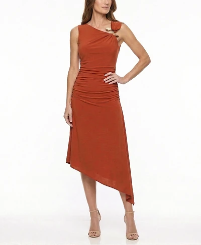 Taylor Women's Asymmetrical Neck Ruched Midi Dress