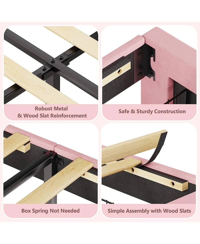 Homfan Velvet Upholstered Bed Frame with Storage Headboard, Footboard Drawer and Wood Slats, Box Spring Not Required