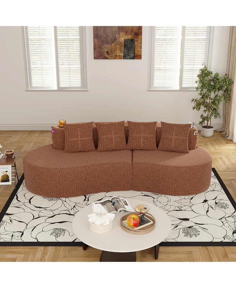 Rainsken Modern 3-Seater Curved Modular Sofa, Half Moon Shaped Chenille Couch with Dual Cup Holders and Storage Side Pockets for Home Use