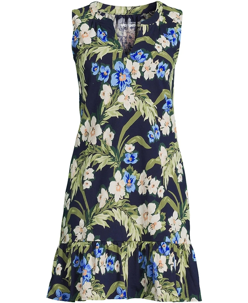 Lands' End Women's Sleeveless Cotton Jersey Notch Neck Flounce Dress