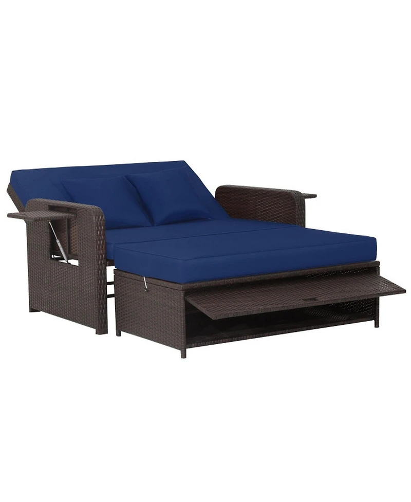 Gouun Outdoor Rattan Daybed Loveseat with 4-Position Backrest and Retractable Side Trays
