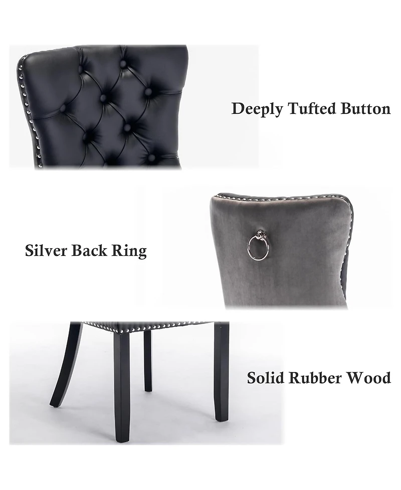 Rainsken Dining Chairs Set of 2, Modern Pu and Velvet Upholstered Kitchen with Wood Legs, Nailhead Trim Button Design for Room