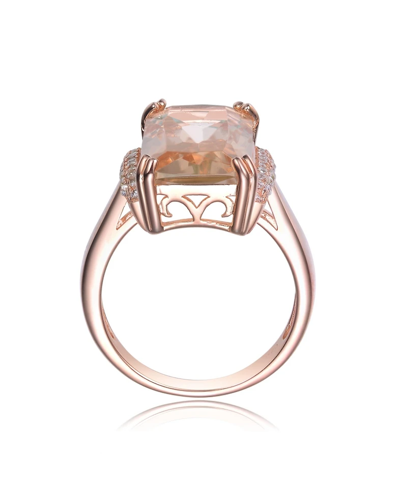 Sterling Silver with Rose Gold Plated Champagne Radiant Cubic Zirconia Solitaire Accented Clear Round Zirconias Cocktail Ring