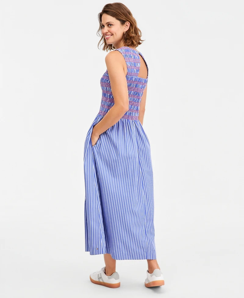 Tommy Hilfiger Women's Cotton Smocked Striped Maxi Dress