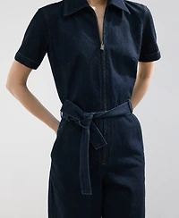 Mango Women's Belt Denim Jumpsuit