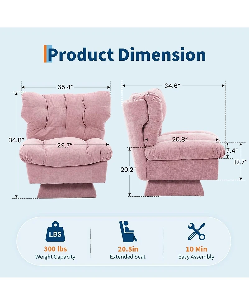 gaomon Oversized Chenille Swivel Accent Chair for Living Room,360 Rotating Upholstered Reading Chair with Thick Cushion,Cozy Club Chair for Bedroom