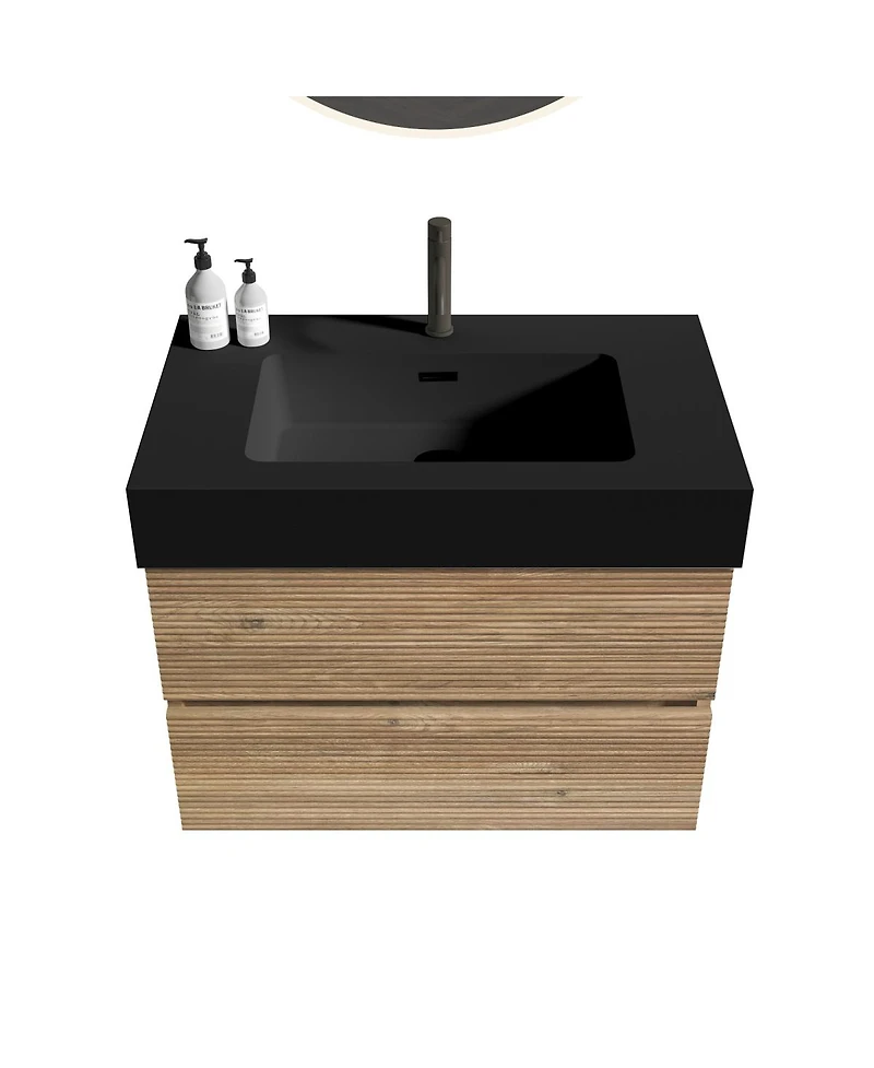 Sillysis Mid-Century Modern Bathroom Vanity with Double Drawers, Quartz Basin