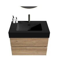 Sillysis Mid-Century Modern Bathroom Vanity with Double Drawers, Quartz Basin