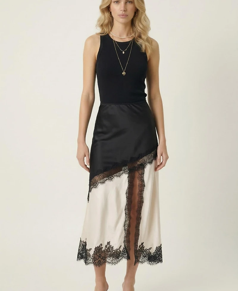 Modenaire Women's Lace-Trim Asymmetric Satin Midi Skirt