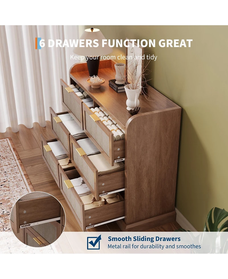 gaomon Farmhouse 6 Drawer Dresser for Bedroom, Rattan Chest of Drawers Tv Stand with Gold Handles.
