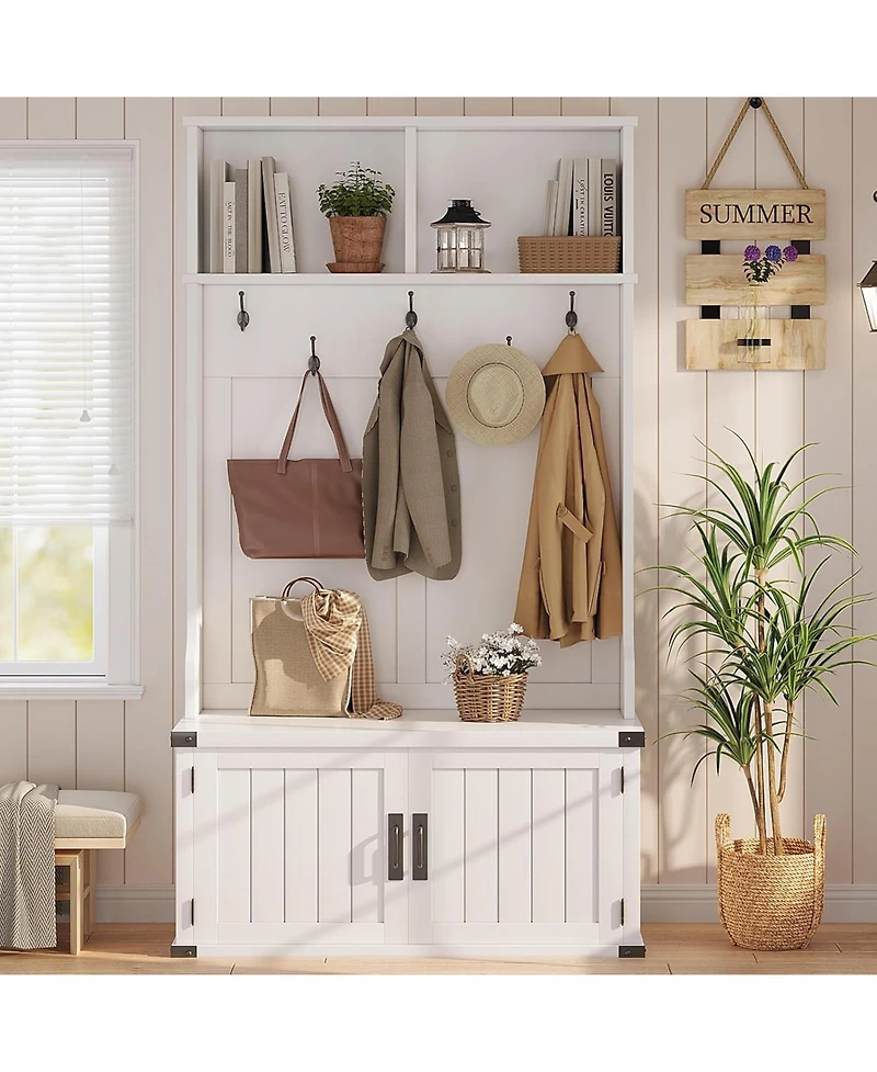 gaomon 76" Hall Tree with Bench and Shoe Storage, Farmhouse 4-in-1 Entryway with Coat Rack and 5 Tri-Hooks, Adjustable Shelf