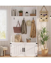 gaomon 76" Hall Tree with Bench and Shoe Storage, Farmhouse 4-in-1 Entryway with Coat Rack and 5 Tri-Hooks, Adjustable Shelf