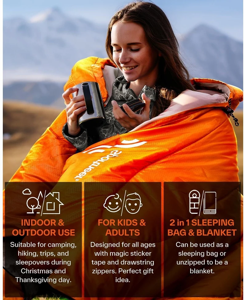 Sportneer Sleeping Bag 3 Season Warm Cold Weather for Adults Kids Boys Girls with Compression Sack Lightweight Camping Essentials Backpacking Hiking