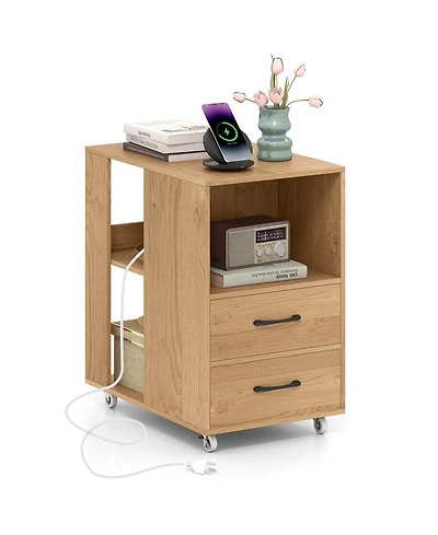 Gymax End Table w/Built-in Charging Station Usb Ports and Outlets 2 Drawers 3 Shelves Natural