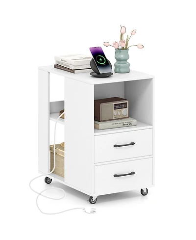 Gymax End Table w/Built-in Charging Station Usb Ports and Outlets 2 Drawers 3 Shelves Natural
