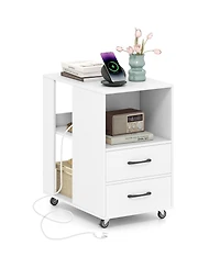Gymax End Table w/Built-in Charging Station Usb Ports and Outlets 2 Drawers 3 Shelves Natural