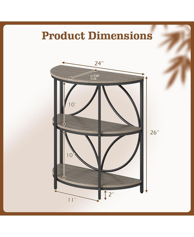 Gymax 3-Tier Half Round End Table w/Study Metal Frame Storage Shelves for Living Room