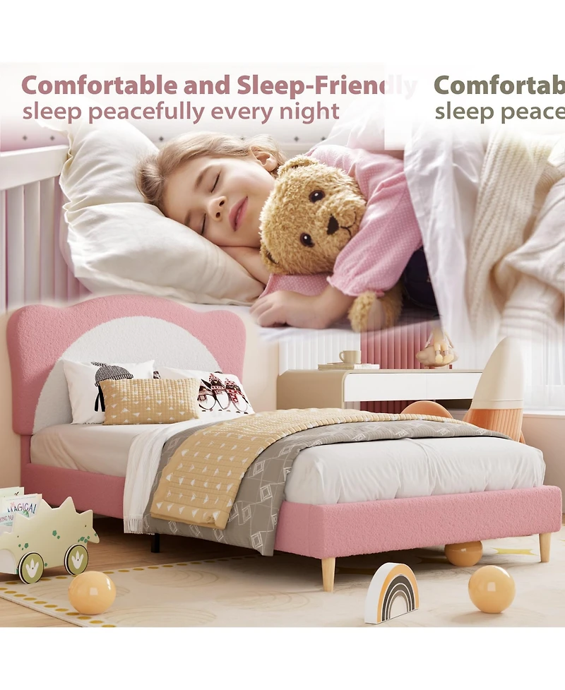 Homfan Upholstered Bed Frame with 2 Drawers, Led Light and Bear Headboard for Kids