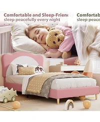 Homfan Upholstered Bed Frame with 2 Drawers, Led Light and Bear Headboard for Kids