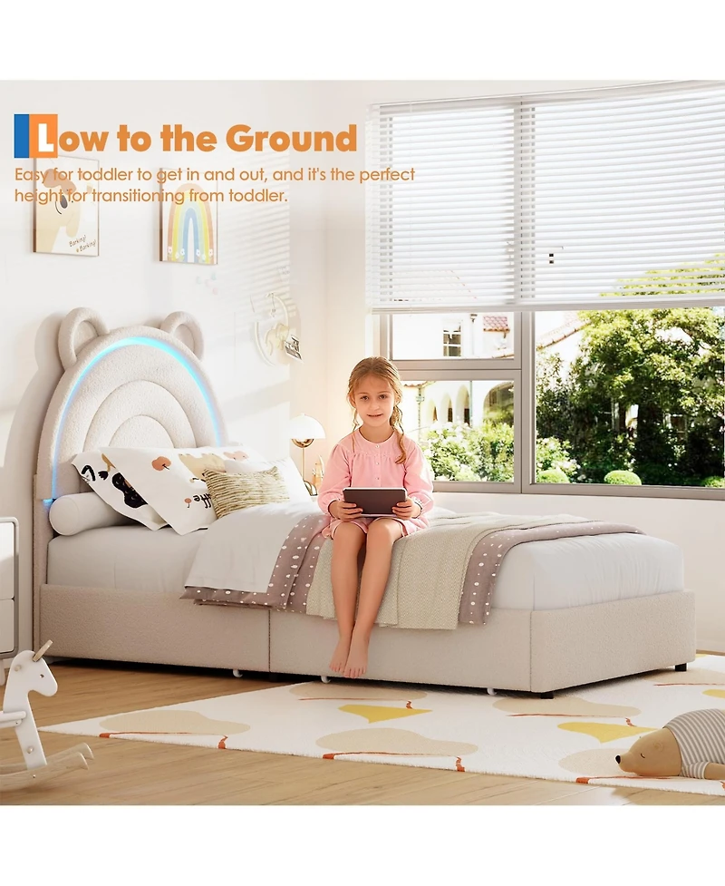 Homfan Upholstered Bed Frame with 2 Drawers, Led Light and Bear Headboard for Kids