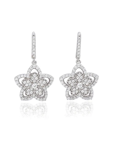 Suzy Levian New York Sterling Silver Pave Cubic Zirconia Flower Halo Drop Dangle Earrings