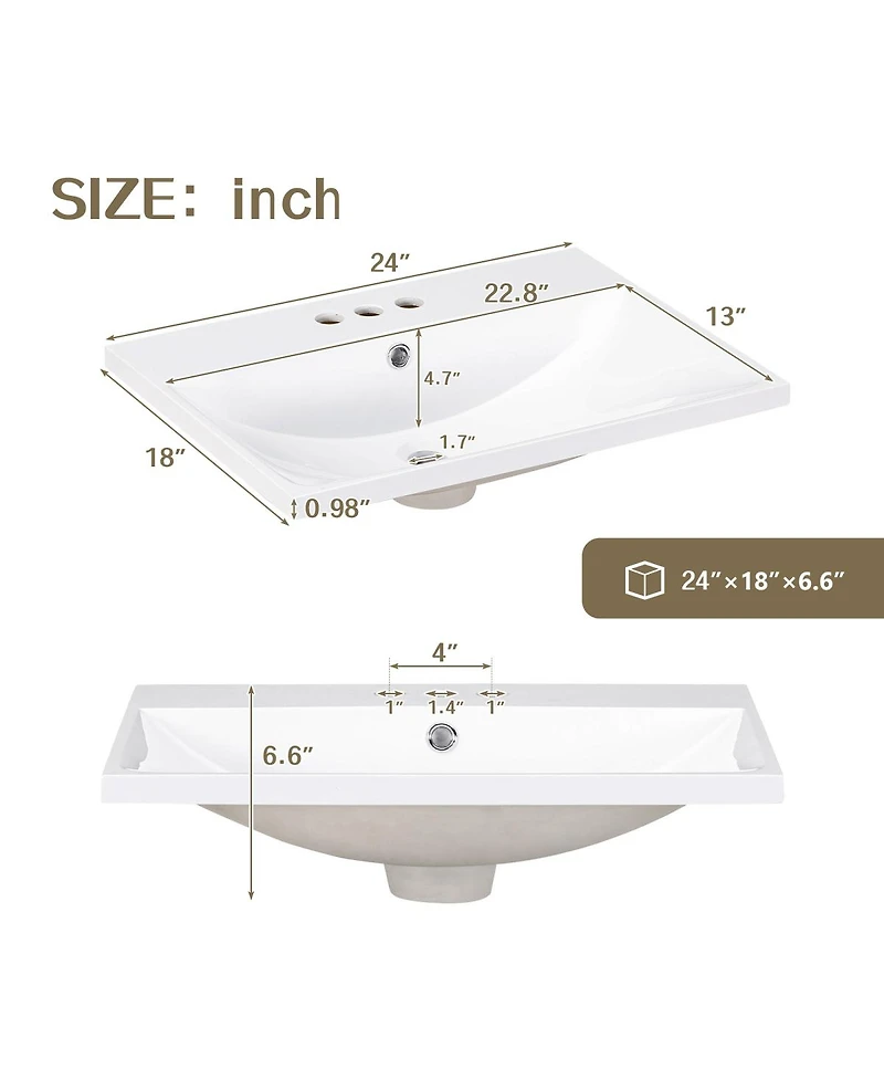 Sillysis Rectangular Ceramic Vanity Top with Sink, 3 Faucet Holes, Easy Maintenance