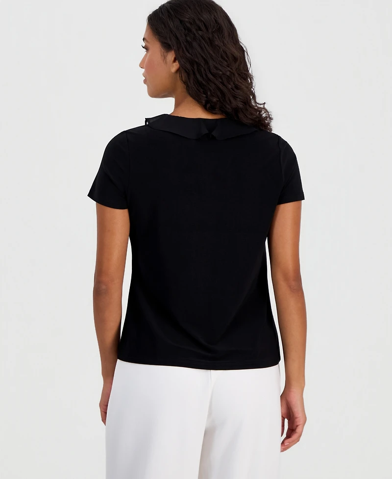 Anne Klein Essentials Petite Ruffle-Trim V-Neck Top