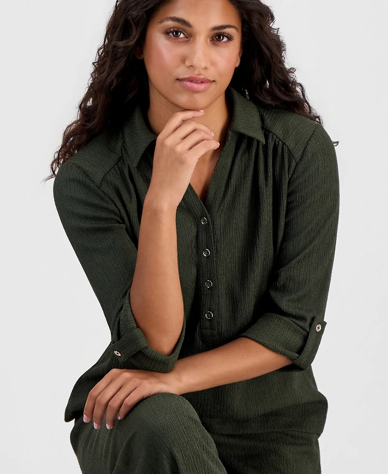 Anne Klein Essentials Petite Collared Roll-Tab-Sleeve Shirt
