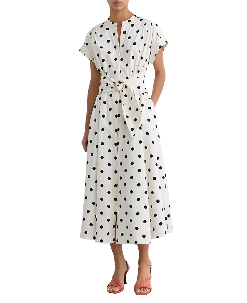 Reiss Women's Sawyer Cotton Polka-Dot Belted Midi Dress with Stretch