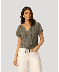 Cable & Gauge Women's Embroidered Split Neck Tie Top