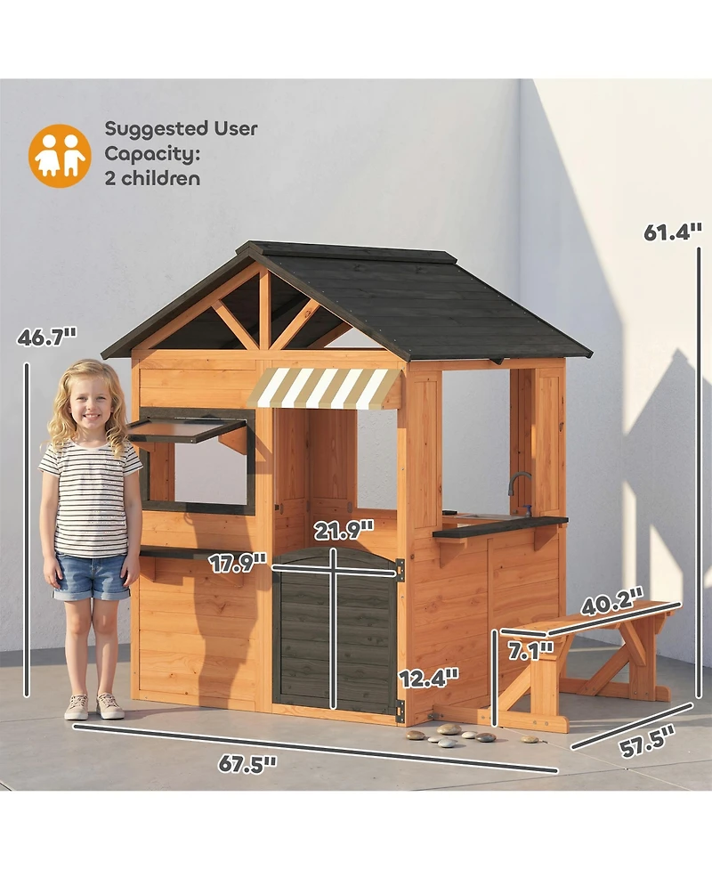 Qaba Outdoor Playhouse, Wooden Kids Playhouse with Play Kitchen and Bench