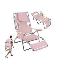 Gouun 3-in-1 Foldable Beach Chair with Adjustable Backrest, Footrest, Cup Holder and Carry Strap