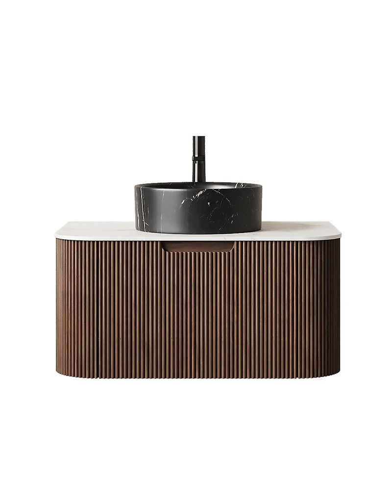 Sillysis Wall Mounted Bathroom Vanity, Ceramic Vessel Sink, Carrara Sintered Stone Top, Soft Close Drawer