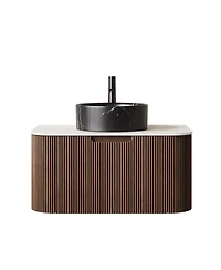 Sillysis Wall Mounted Bathroom Vanity, Ceramic Vessel Sink, Carrara Sintered Stone Top, Soft Close Drawer