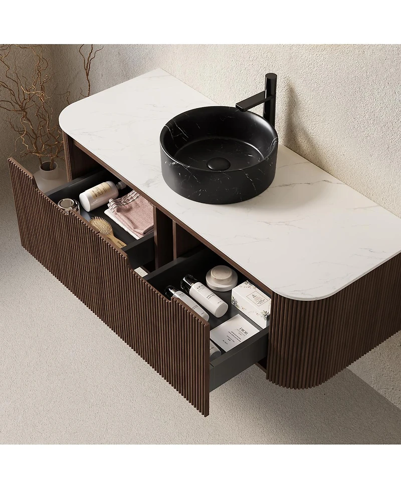 Sillysis Wall Mounted Bathroom Vanity, Ceramic Vessel Sink, Carrara Sintered Stone Top, Soft Close Drawer, Pre-assembled
