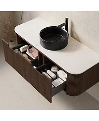 Sillysis Wall Mounted Bathroom Vanity, Ceramic Vessel Sink, Carrara Sintered Stone Top, Soft Close Drawer, Pre-assembled