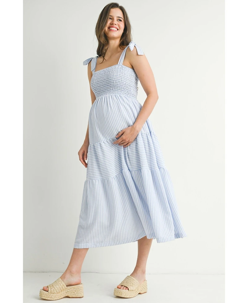 Hello Miz Maternity Striped Smocked Empire Waist Sundress with Tie Straps