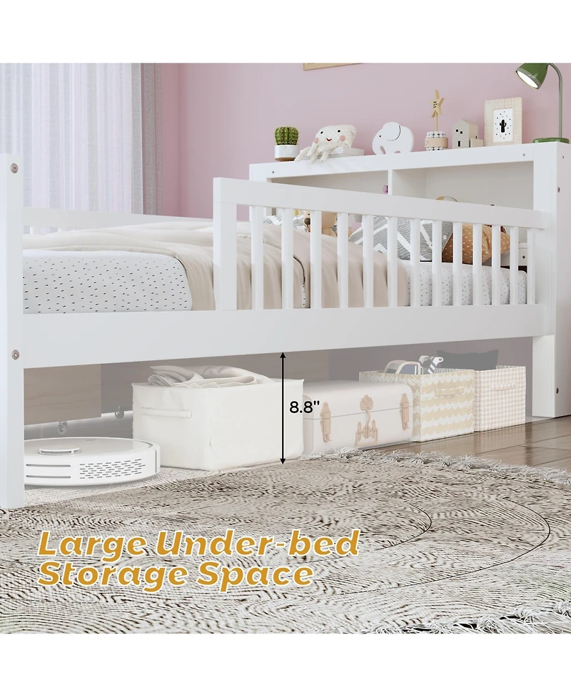 Rainsken Kids Twin Bed Frame, Wooden Platform with Headboard Storage Rack, 2 Under-Bed Drawers and 3-Side Guardrails for Bedroom
