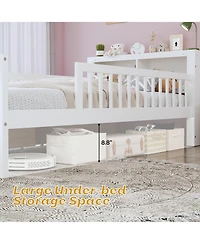 Rainsken Kids Twin Bed Frame, Wooden Platform with Headboard Storage Rack, 2 Under-Bed Drawers and 3-Side Guardrails for Bedroom