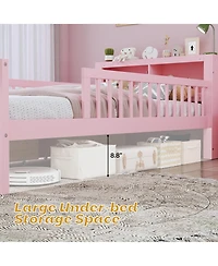 Rainsken Kids Twin Bed Frame, Wooden Platform with Headboard Storage Rack, 2 Under-Bed Drawers and 3-Side Guardrails for Bedroom