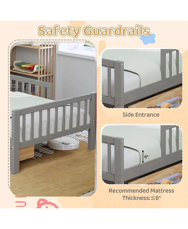 Rainsken Kids Twin Bed Frame, Wooden Platform with Headboard Storage Rack, 2 Under-Bed Drawers and 3-Side Guardrails for Bedroom